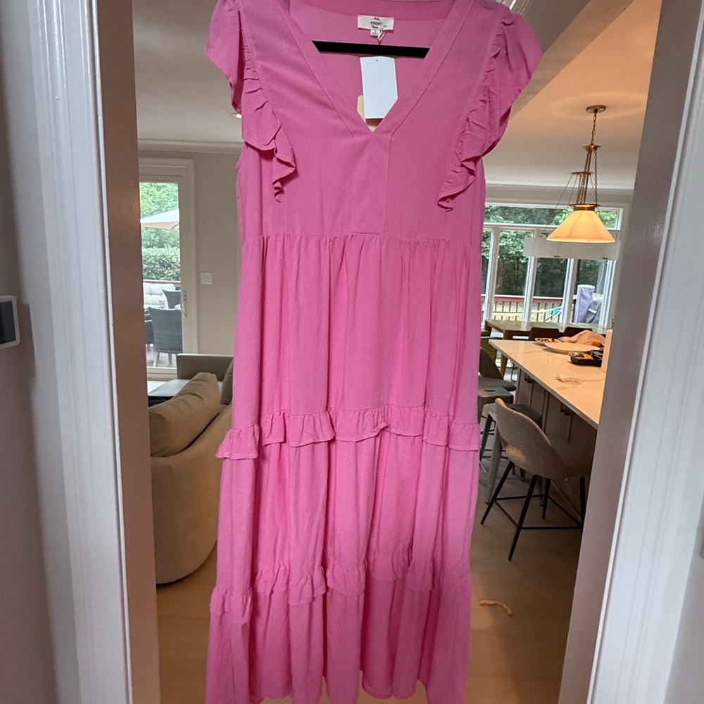 Pink Ruffle Maxi Dress with Pockets